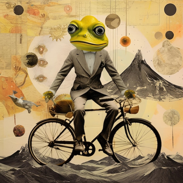 frog bike ride Abstract collage scrapbook yellow retro vintage surrealistic illustration