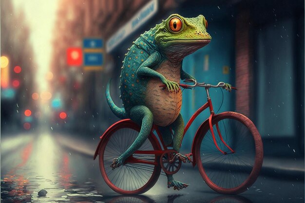 Photo frog on a bike with a sign in the background