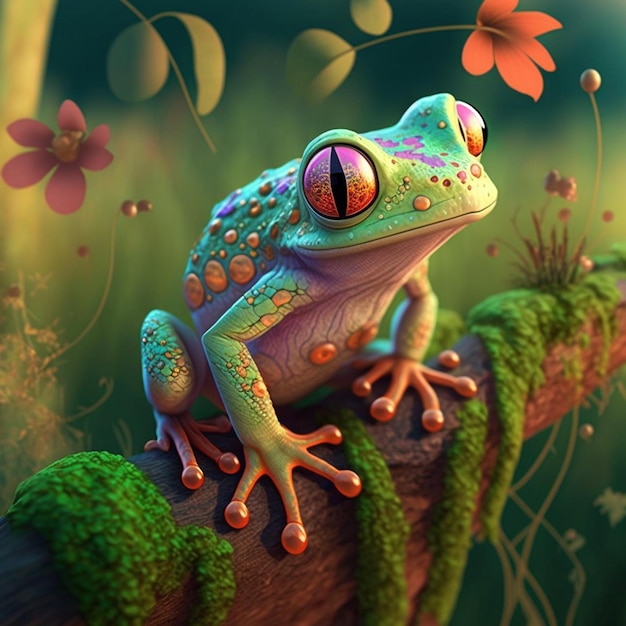 A frog on a branch with flowers and leaves