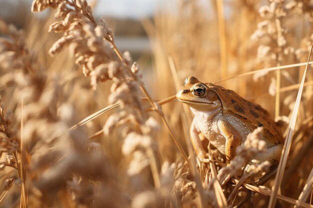 Frog camouflaged against a background of reeds