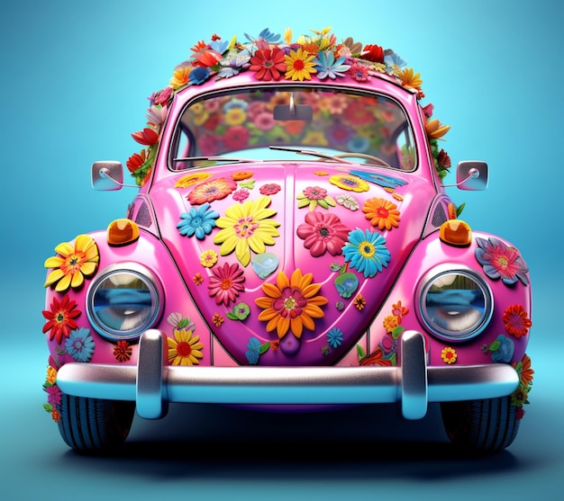 Frog car with flower decoration on blue background