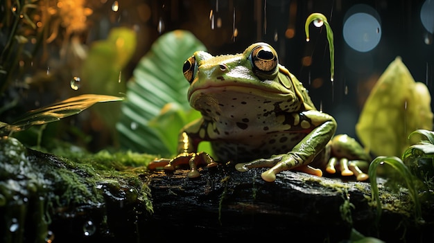 Frog hiding under the big leaf from the rain Generative AI