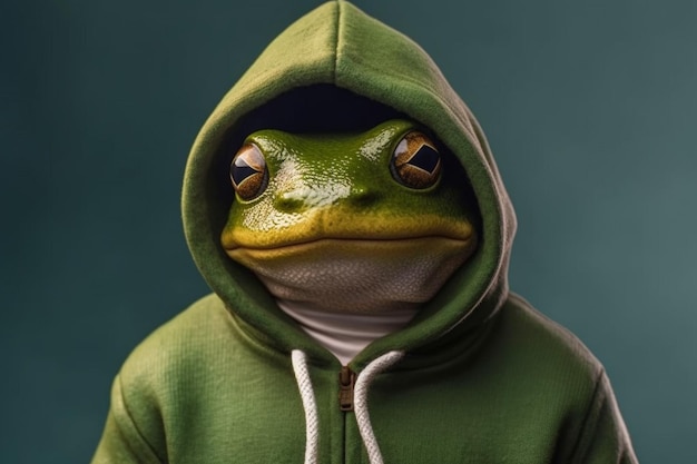 A frog in a hoodie with a hoodie that saysfrogon