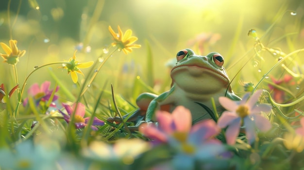 A frog hopping through a field of wildflowers its agile movements and playful demeanor adding charm to the natural landscape