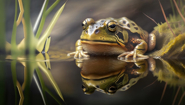 Photo a frog is reflected in a pond with a green and brown