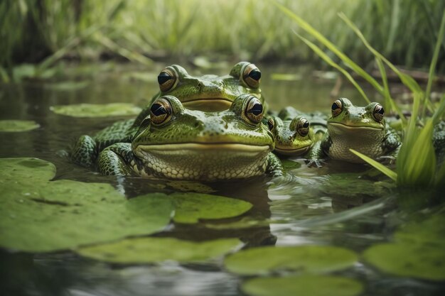 Frog is relaxing in a pond with some water lilies on a sunny day