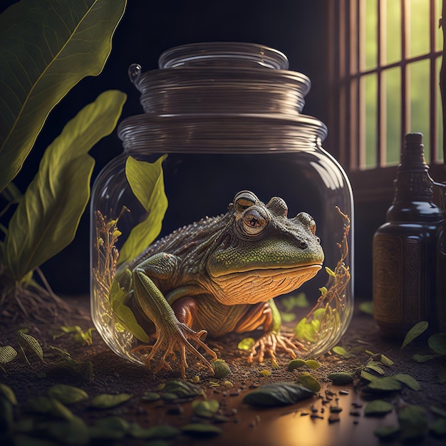 A frog is sitting in a jar with a plant in it.