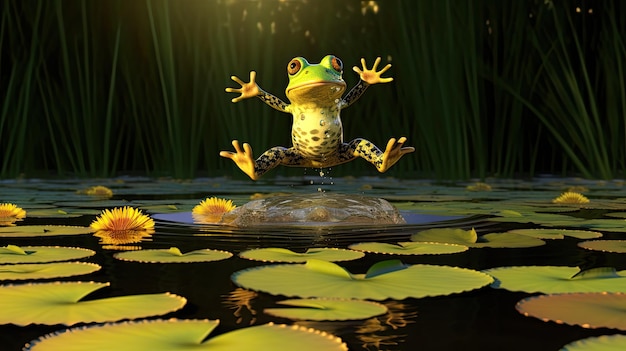 A frog leaping midair across vibrant lily pads in a sunlit pond