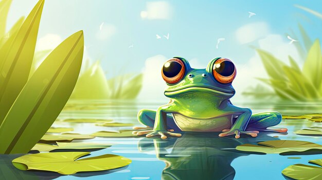 Photo frog on a lily padcovered pond background ai generated