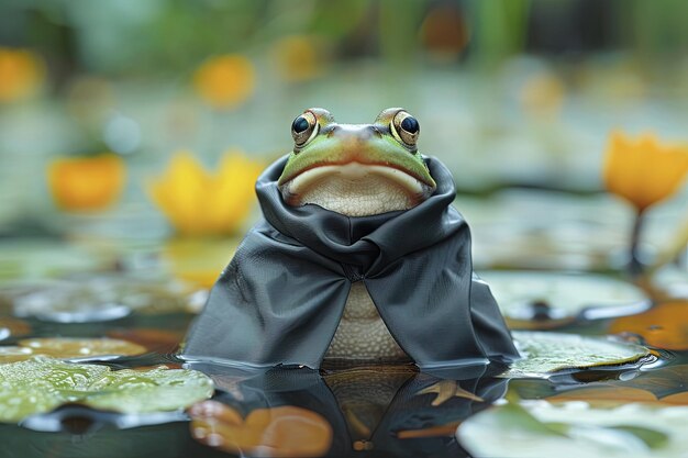 Фото Маг лягушки, выступающий на пруду в магическом плаще, развлекающий других жителей пруда магической иллюзией