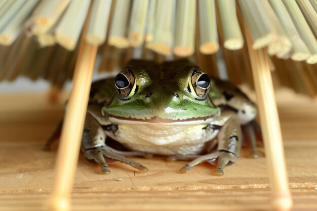 Foto una rana che sbircia da sotto un ombrello di bambù in miniatura