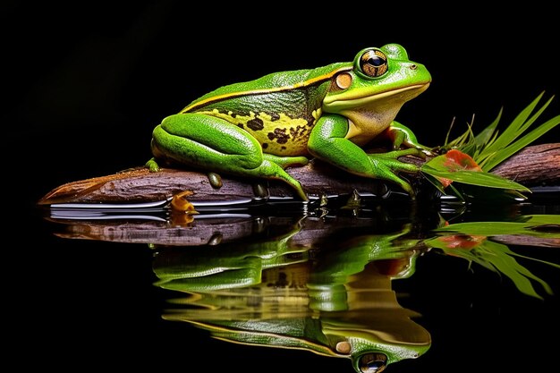 Frog perched on a floating log in a pond