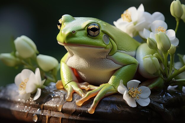 池のリリーパッドに座っているカエル水中のカエルとリリーの花