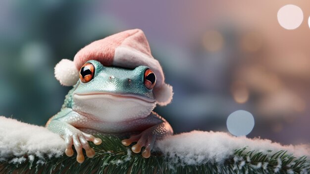 Frog perched on the top of a branch Christmas pastel background copy space Generative AI