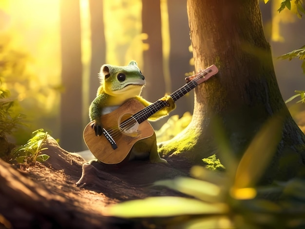 frog playing the guitar in the forest