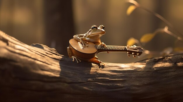 Frog playing a guitar on a tree branch