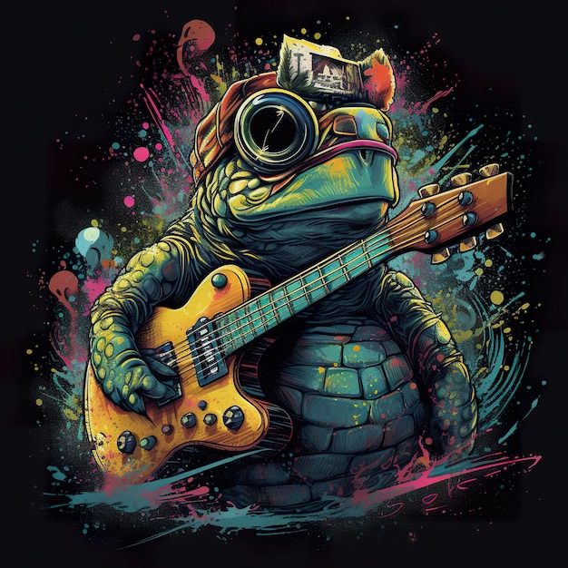 A frog playing a guitar and wearing goggles generative ai image