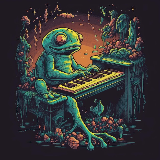 A frog playing piano colorful vinatge generative AI