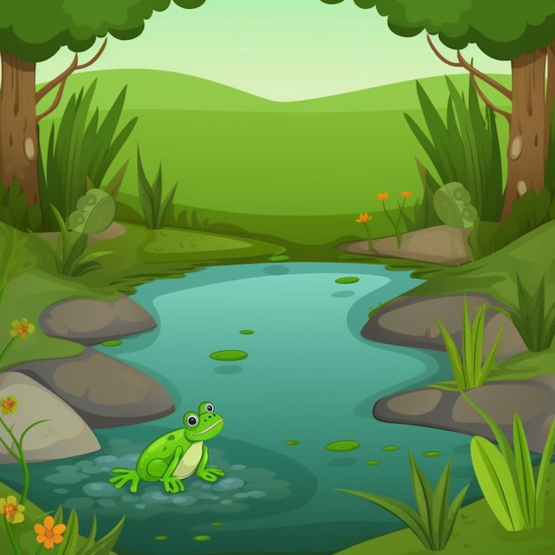 A frog in a pond with a forest background