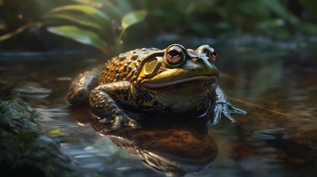 A frog in a pond with a green background