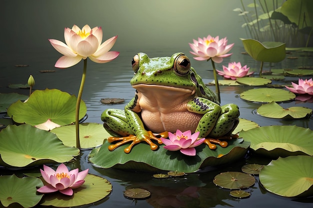 Frog in pound with lotus flower