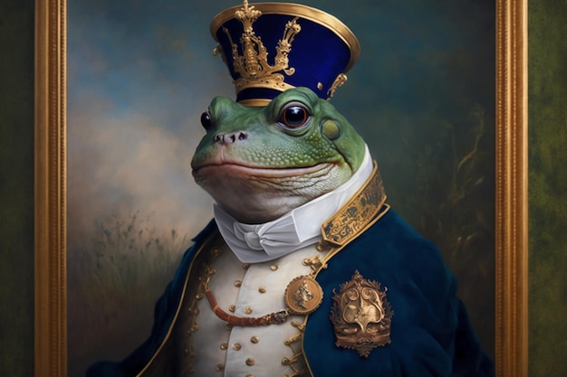A frog prince in a blue suit with a gold crown.