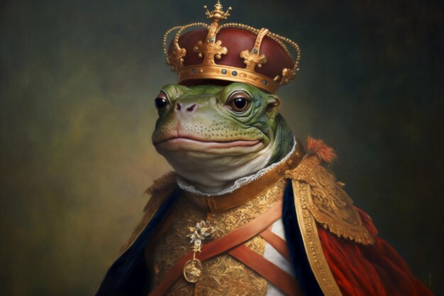 A frog prince is wearing a crown that says'frog prince'on it.