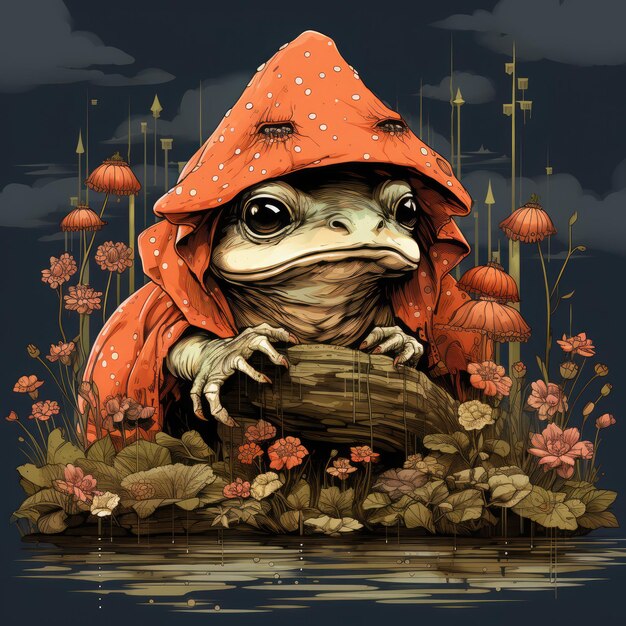 Frog in a raincoat and a hat on a background of autumn landscape