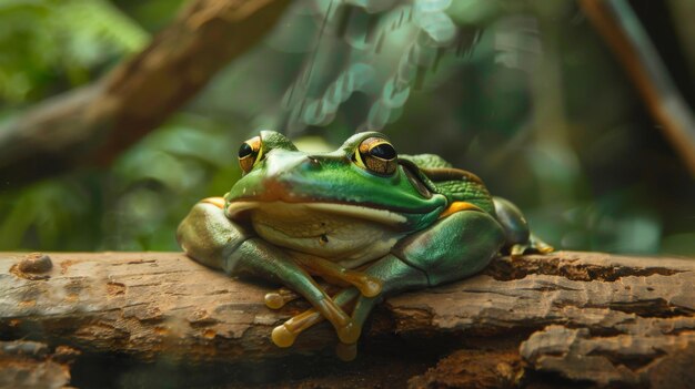 Photo a frog resting on a fallen log its smooth skin and sleek posture symbolizing the elegance and grace of these fascinating amphibians