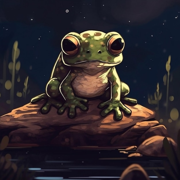 A frog on a rock with a blue background.