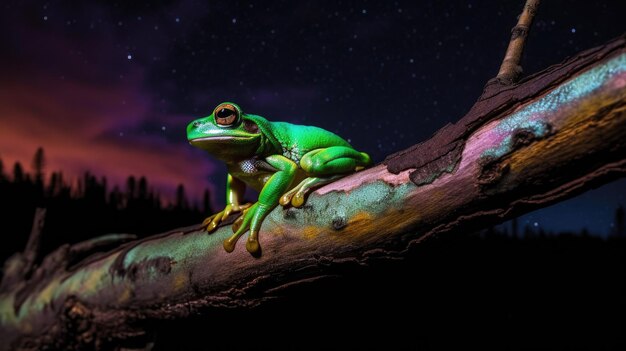 A frog sits on a branch in front of a starry night sky.