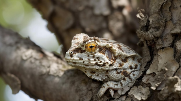 A frog sits on a branch in a tree.