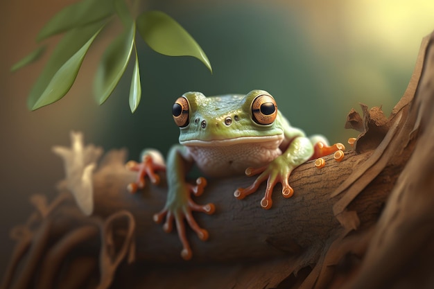 A frog sits on a branch with a leaf in the foreground.