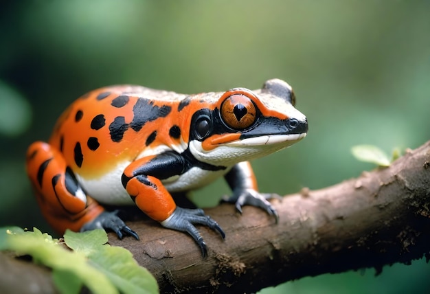 Photo a frog sits on a branch with a leafy background