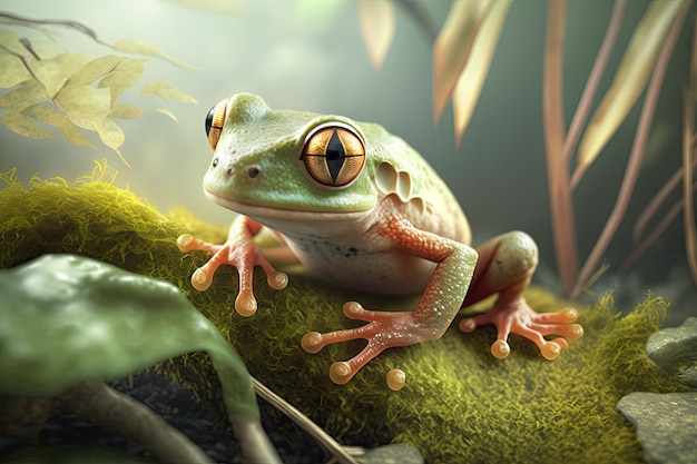 A frog sits on a branch with leaves and the word frog on it.