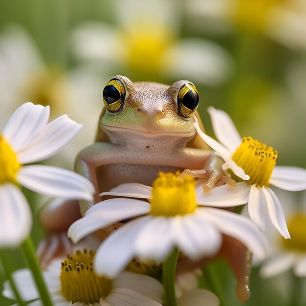 A frog sits on a flower in a field of daisies.