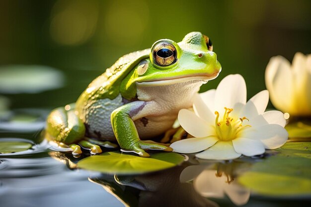 a frog sits on a flower with a flower in the background