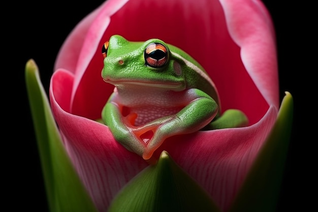 개구리가 꽃에 앉아 있습니다.