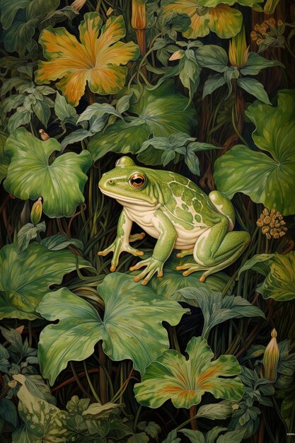 a frog sits in a garden with leaves and flowers