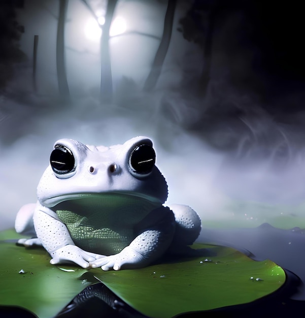 A frog sits on a green leaf in the dark.