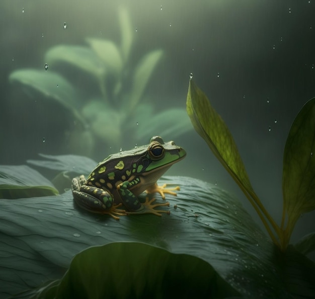 A frog sits on a leaf in the dark with a green and yellow spot on the bottom.