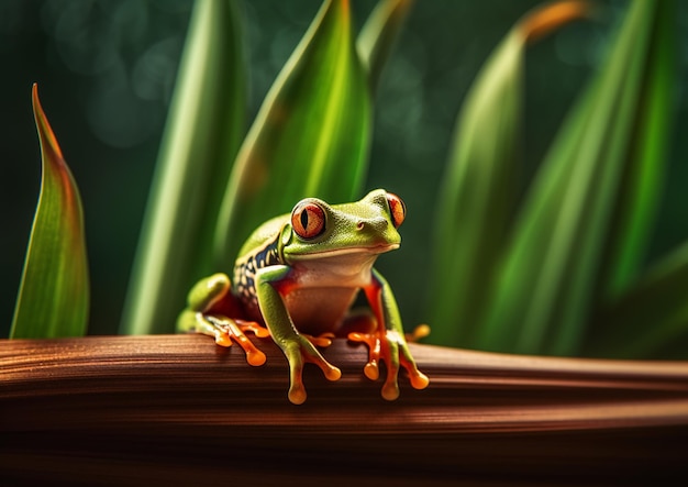 A frog sits on a leaf in front of a green background