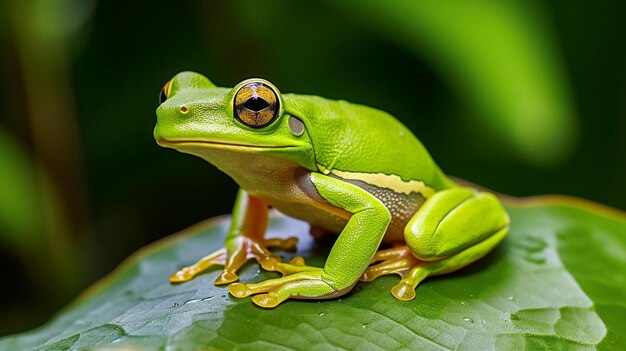 Photo a frog sits on a leaf with a drop of water in the background