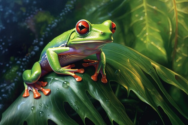 a frog sits on a leaf with water drops