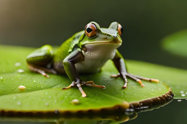 개구리는 개구리라는 단어가 적힌 나뭇잎 위에 앉아 있습니다.