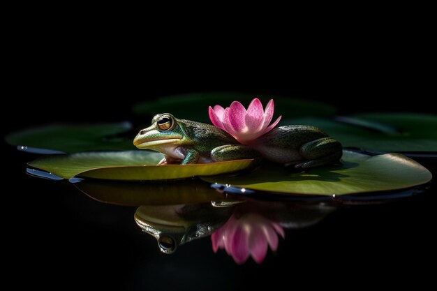 A frog sits on a lily pad with a pink flower in the middle.