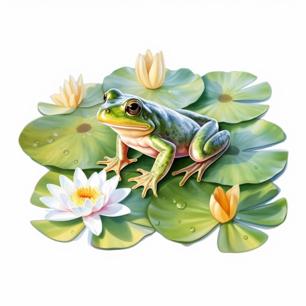 A frog sits on a lily pad with water droplets on it.