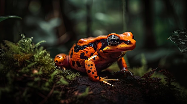 A frog sits on a log in a dark forest.