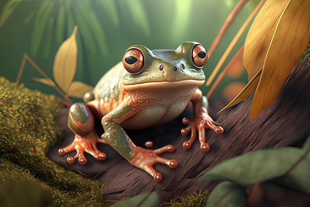 A frog sits on a log in a forest.
