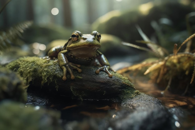 A frog sits on a log in a pond.